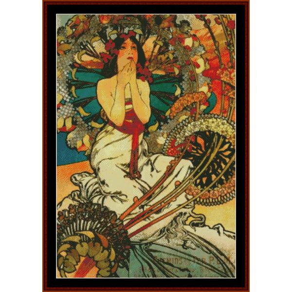 Counted Cross Stitch Pattern: Beauty by Alphonse Mucha - Cross Stitch Collectibles - A framed art print featuring an Art Nouveau style illustration of a woman surrounded by ornate floral and decorative elements