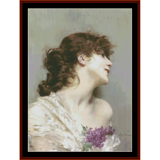 Counted Cross Stitch Pattern by Cross Stitch Collectibles depicting a woman with lilacs, inspired by Giovanni Boldini's artwork.