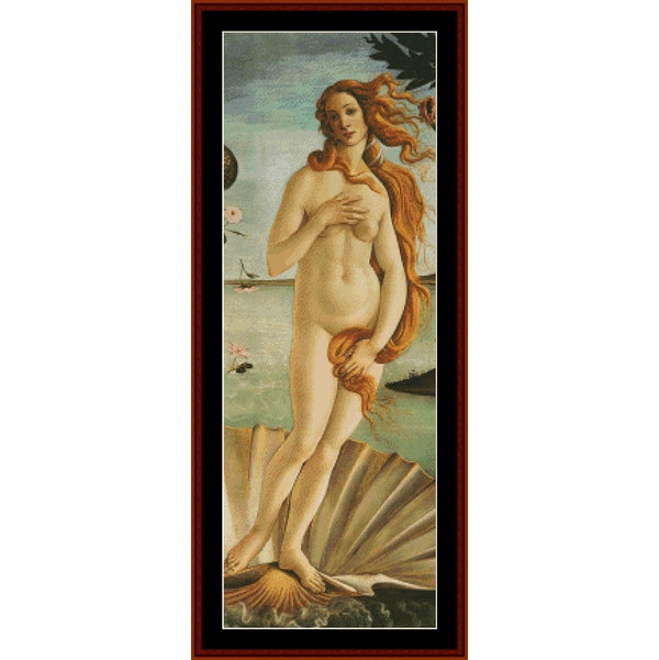 Counted Cross Stitch Pattern – Birth of Venus, Detail by Sandro Botticelli - Cross Stitch Collectibles - A framed art print of Botticelli's The Birth of Venus, featuring the goddess standing on a large shell with her long red hair flowing in the wind, set against a light blue sea and sky background.