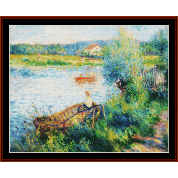 Cross Stitch Pattern by Cross Stitch Collectibles depicting a scene with a boat on water, surrounded by greenery and a blue sky, inspired by the art of Pierre Auguste Renoir.