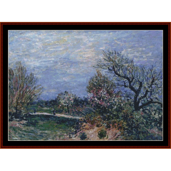 Counted Cross Stitch Pattern – Border of the Woods, 1885 by Alfred Sisley - Cross Stitch Collectibles - Impressionist landscape painting of a park or orchard scene with flowering trees, a path, and a blue sky