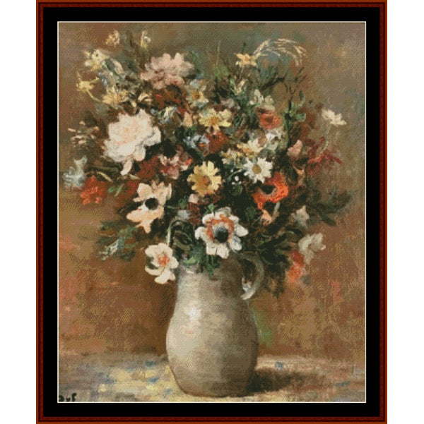 Counted Cross Stitch Pattern – Bouquet in Sandstone by Marcel Dyf - Cross Stitch Collectibles - A framed still life painting of a dense flower bouquet in a rustic beige pitcher vase, set against a warm brown background.