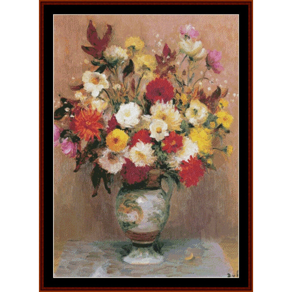 Counted Cross Stitch Pattern – Bouquet of Dahlias by Marcel Dyf - Cross Stitch Collectibles - A framed still life painting of a colorful flower bouquet in a patterned vase, set against a warm brown background. 