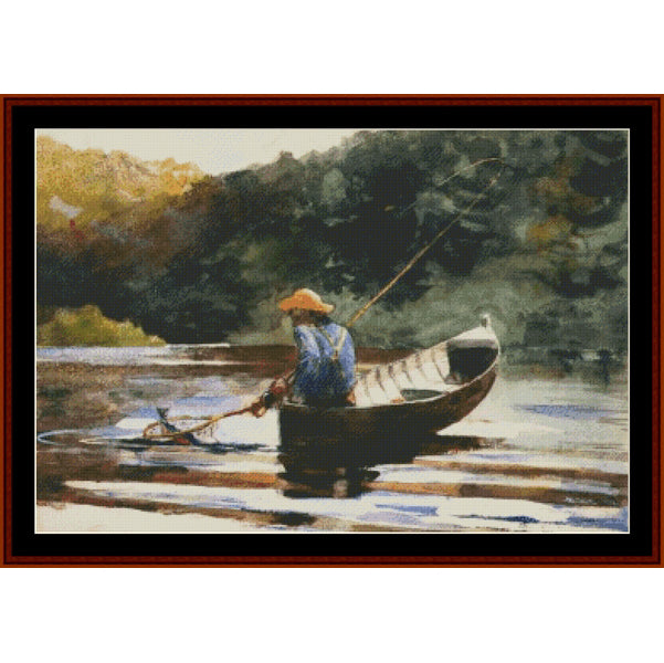 Counted Cross Stitch Pattern – Boy Fishing by Winslow Homer - Cross Stitch Collectibles - A framed painting depicting a person in a small rowboat on calm water, with a dark treeline in the background. 