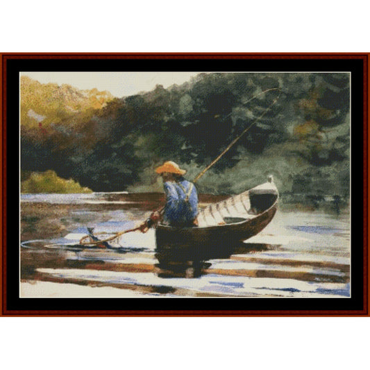 Counted Cross Stitch Pattern – Boy Fishing by Winslow Homer - Cross Stitch Collectibles - A framed painting depicting a person in a small rowboat on calm water, with a dark treeline in the background. 