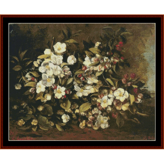 Counted Cross Stitch Pattern – Branch of Apple Blossoms by Gustave Courbet - Cross Stitch Collectibles - A framed floral painting featuring a dense cluster of white blossoms with green and reddish leaves against a dark brown background