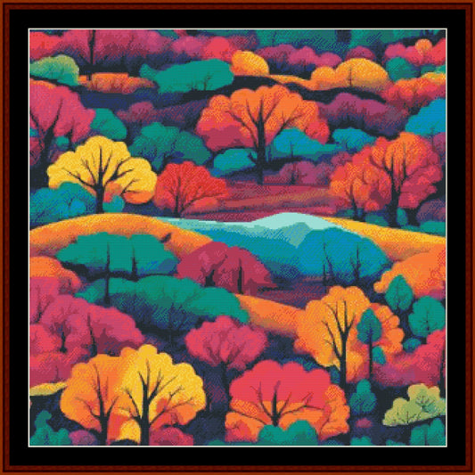 Counted Cross Stitch Pattern by Cross Stitch Collectibles depicting a landscape with vibrant trees and a blue sky