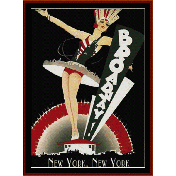 A vintage-style Counted Cross Stitch Pattern by Cross Stitch Collectibles depicting a stylized woman with a 'Broadway' sign, set against a black background with 'New York, New York' written at the bottom.