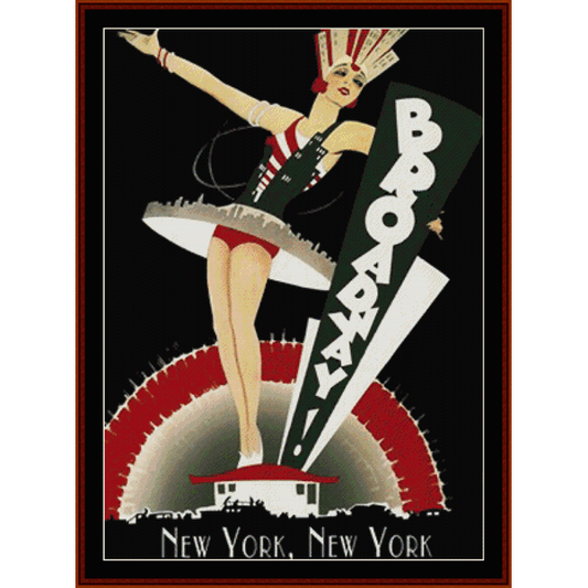 A vintage-style Counted Cross Stitch Pattern by Cross Stitch Collectibles depicting a stylized woman with a 'Broadway' sign, set against a black background with 'New York, New York' written at the bottom.