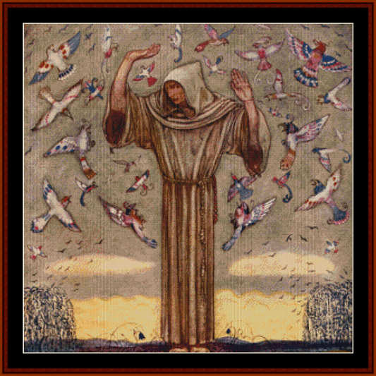Counted Cross Stitch Pattern by Cross Stitch Collectibles depicting a figure with outstretched arms surrounded by birds in flight.