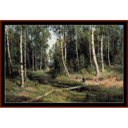 Counted Cross Stitch Pattern by Cross Stitch Collectibles depicting a birch forest with a brook, inspired by the art of Ivan Shishkin