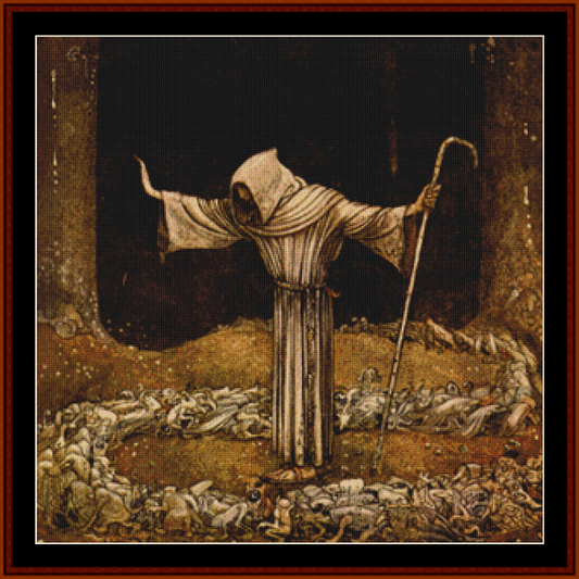 Counted Cross Stitch Pattern by Cross Stitch Collectibles depicting a figure in a forest setting, with detailed clothing and a staff, looking over a landscape.