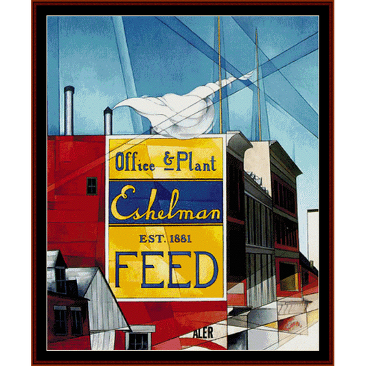 Counted Cross Stitch Pattern by Cross Stitch Collectibles of a feed store with a prominent sign, featuring colors and architectural elements.