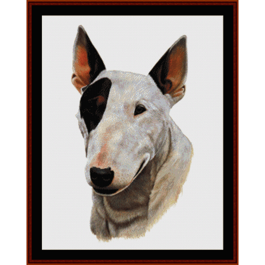 Counted Cross Stitch Pattern by Cross Stitch Collectibles depicting the head of a Bull Terrier dog