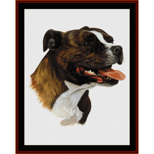 Counted Cross Stitch Pattern by Cross Stitch Collectibles depicting the head of a bull terrier, with the dog's mouth open and tongue out