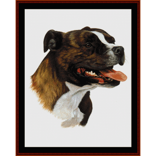 Counted Cross Stitch Pattern by Cross Stitch Collectibles depicting the head of a bull terrier, with the dog's mouth open and tongue out