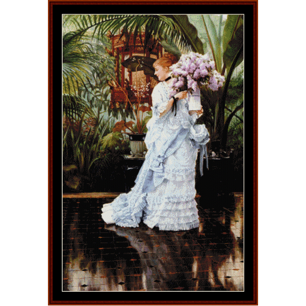 Counted Cross Stitch Pattern by Cross Stitch Collectibles depicting a woman in a blue dress holding a bouquet of lilacs, with a tropical setting in the background.