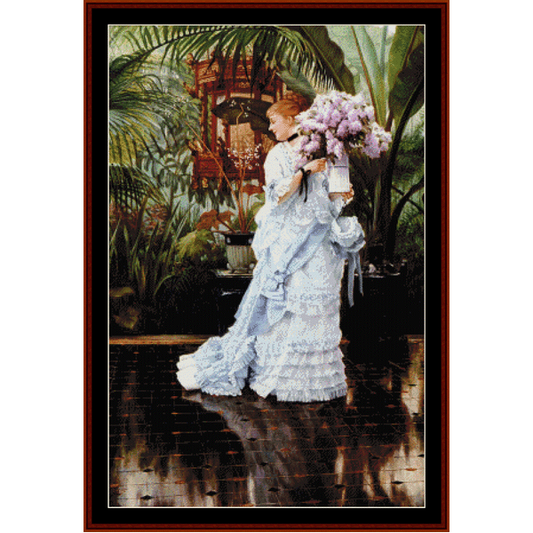 Counted Cross Stitch Pattern by Cross Stitch Collectibles depicting a woman in a blue dress holding a bouquet of lilacs, with a tropical setting in the background.