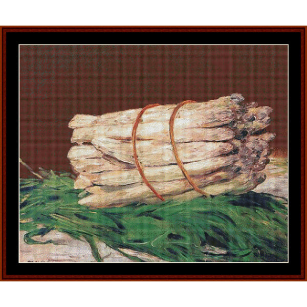 Counted Cross Stitch Pattern by Cross Stitch Collectibles - Bunch of asparagus tied with a rubber band on a brown background