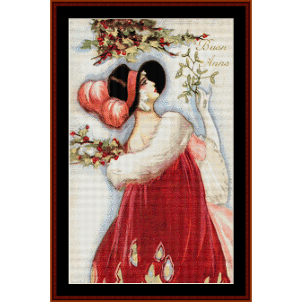 A vintage Christmas Counted Cross Stitch Pattern by Cross Stitch Collectibles depicting a person in festive attire with a red umbrella, surrounded by snow and holiday decorations, titled 'Buon Anno'.