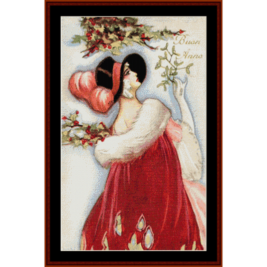 A vintage Christmas Counted Cross Stitch Pattern by Cross Stitch Collectibles depicting a person in festive attire with a red umbrella, surrounded by snow and holiday decorations, titled 'Buon Anno'.