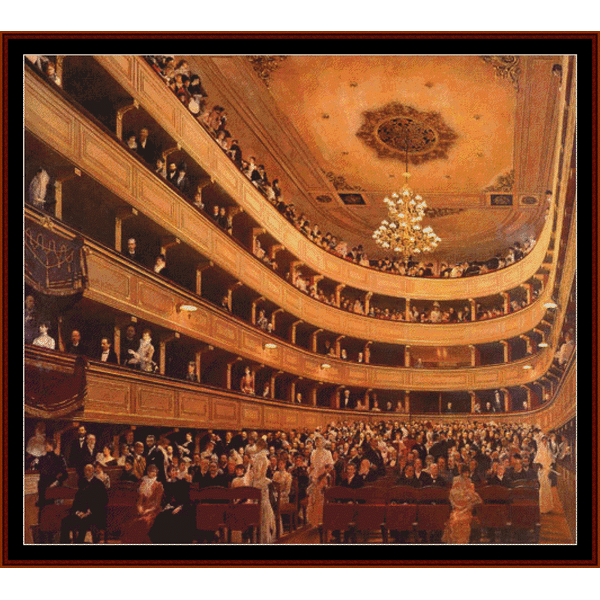 Counted Cross Stitch Pattern by Cross Stitch Collectibles of the Burgtheater Auditorium in Vienna, designed as a cross stitch pattern with a large audience and ornate ceiling details.