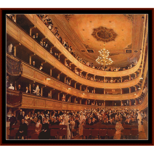 Counted Cross Stitch Pattern by Cross Stitch Collectibles of the Burgtheater Auditorium in Vienna, designed as a cross stitch pattern with a large audience and ornate ceiling details.