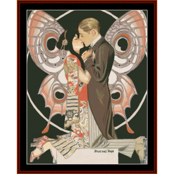 Art Nouveau-style Counted Cross Stitch Pattern by Cross Stitch Collectibles of a couple embracing with decorative elements.