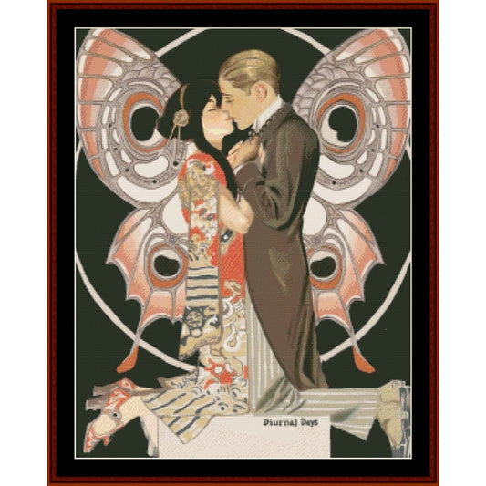 Art Nouveau-style Counted Cross Stitch Pattern by Cross Stitch Collectibles of a couple embracing with decorative elements.