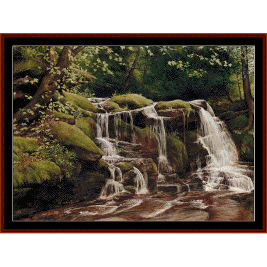 Counted Cross Stitch Pattern by Cross Stitch Collectibles - Waterfall in a forest with greenery and a wooden bench
