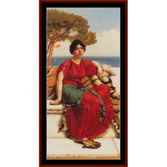 Counted Cross Stitch Pattern by Cross Stitch Collectibles - Woman in a red dress sitting by the sea with a tree in the background
