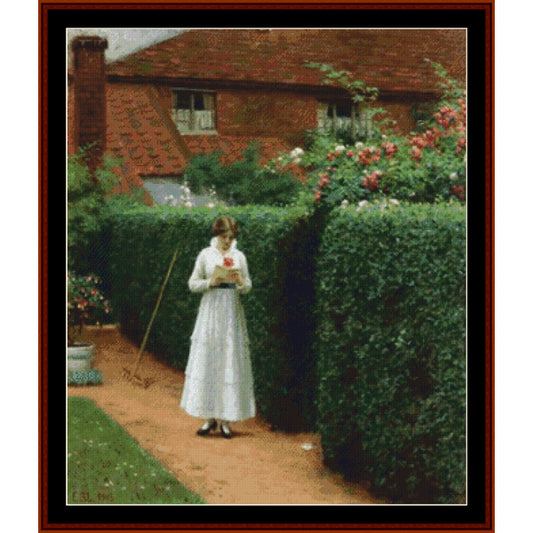 Counted Cross Stitch Pattern by Cross Stitch Collectibles - Woman in a white dress standing in a garden with a house in the background
