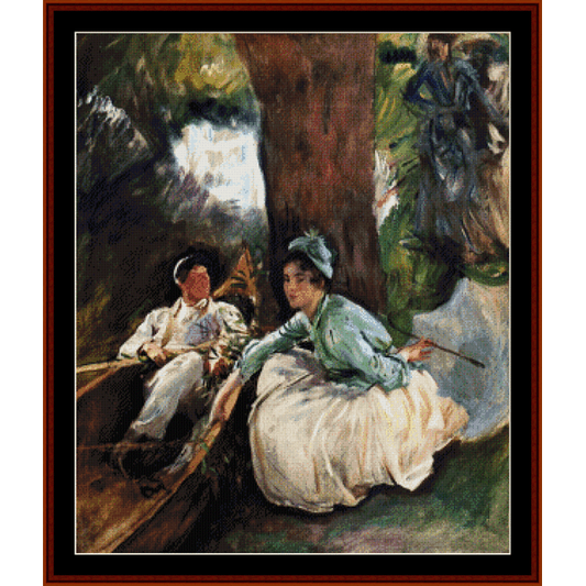 Counted Cross Stitch Pattern by Cross Stitch Collectiblesof two people sitting under a tree, one holding a parasol.
