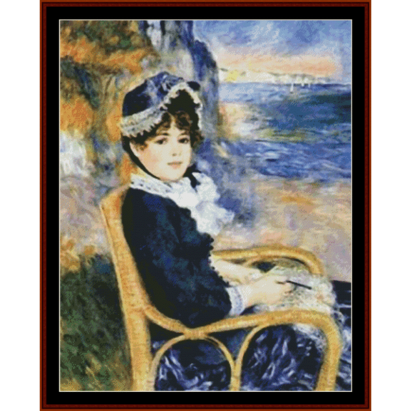 Counted Cross Stitch Pattern by Cross Stitch Collectibles featuring a woman seated by a body of water, possibly the sea, with a mountainous background. She is wearing a black and gray outfit and sitting in a chair.