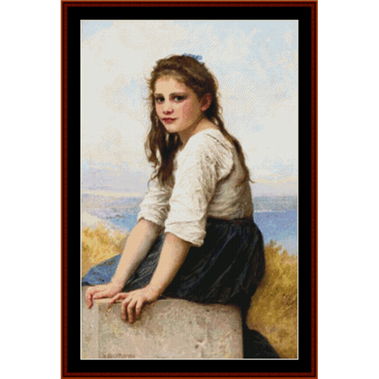 Counted Cross Stitch Pattern by Cross Stitch Collectibles of a young girl sitting on a stone by the sea.