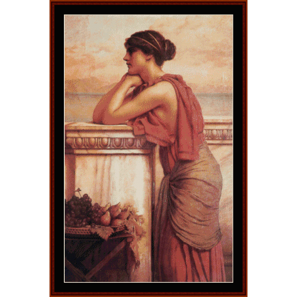 Counted Cross Stitch Pattern by Cross Stitch Collectibles featuring a woman with a contemplative expression, wearing a red dress, sitting by a column with an ocean background.