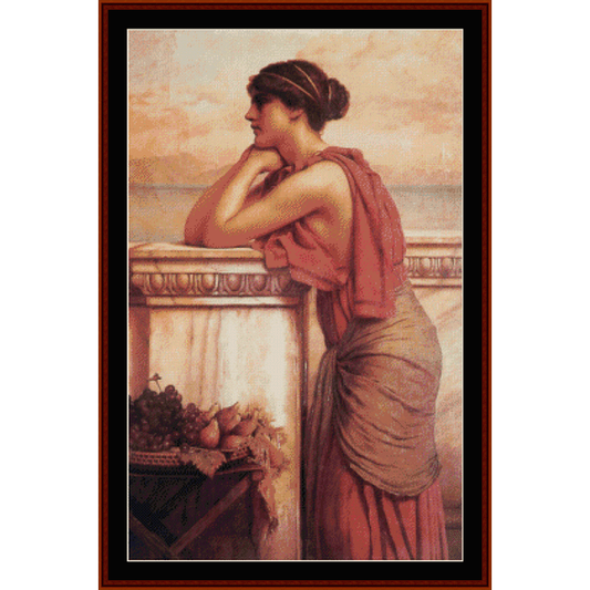 Counted Cross Stitch Pattern by Cross Stitch Collectibles featuring a woman with a contemplative expression, wearing a red dress, sitting by a column with an ocean background.