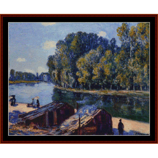 Counted Cross Stitch Pattern by Cross Stitch Collectiblesof a river scene with boats and trees