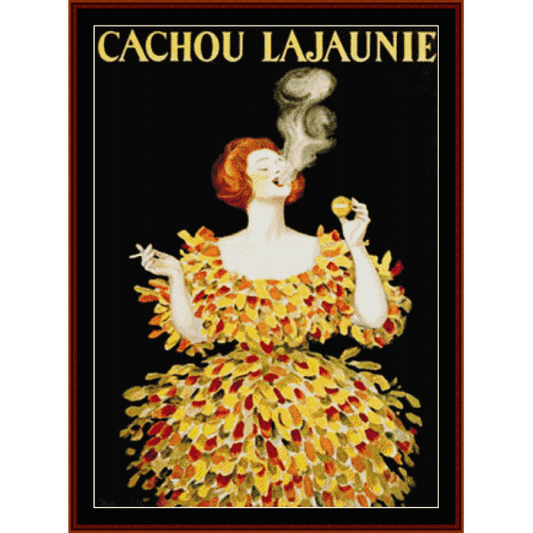 Counted Cross Stitch Pattern by Cross Stitch Collectibles - Vintage-style advertisement for Cachou Lajaunie featuring a woman in a colorful dress with a dark background.
