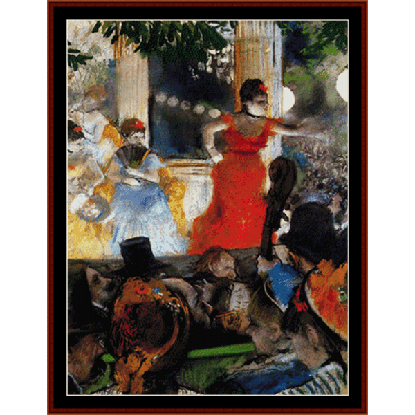Counted Cross Stitch Pattern by Cross Stitch Collectibles of a woman in a red dress at a social gathering.