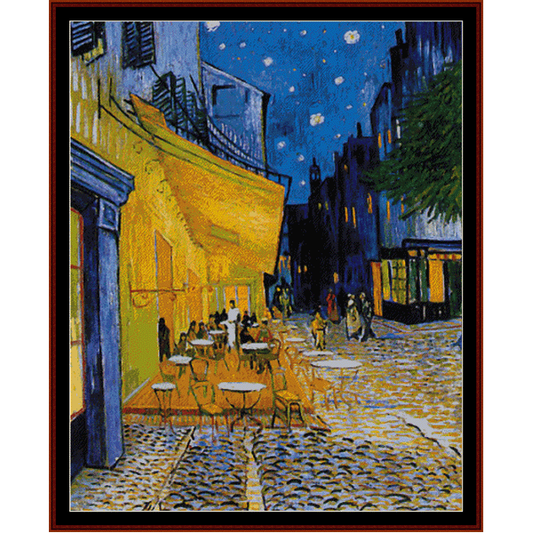 A poster-size Counted Cross Stitch Pattern by Cross Stitch Collectibles depicting 'Cafe Terrace' by Vincent Van Gogh, showing a vibrant street scene at night with a cafe and people.