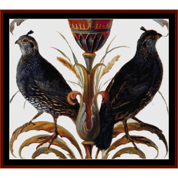 Counted Cross Stitch Pattern by Cross Stitch Collectibles depicting two black California quails perched on a decorative element with a floral design.