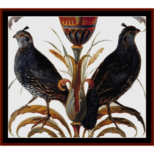 Counted Cross Stitch Pattern by Cross Stitch Collectibles depicting two black California quails perched on a decorative element with a floral design.