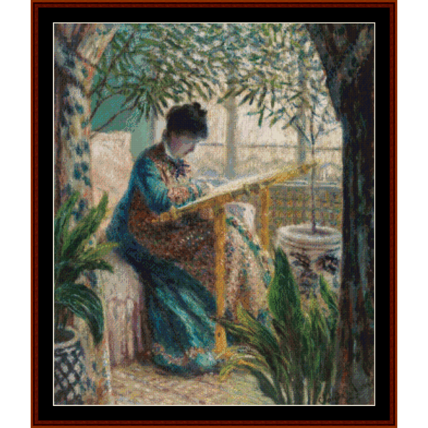 Counted Cross Stitch Pattern by Cross Stitch Collectibles depicting a person embroiderying with a full-color image showing a person in a blue and green dress sitting in a room with plants and a window.