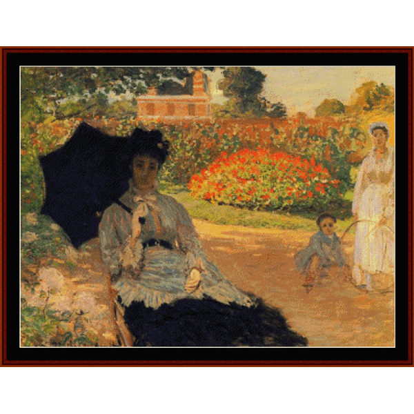 Counted Cross Stitch Pattern by Cross Stitch Collectibles depicting a painting with a woman in a garden, titled 'Camille in the Garden' by Claude Monet.