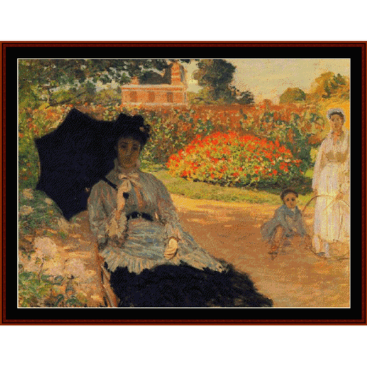 Counted Cross Stitch Pattern by Cross Stitch Collectibles depicting a painting with a woman in a garden, titled 'Camille in the Garden' by Claude Monet.