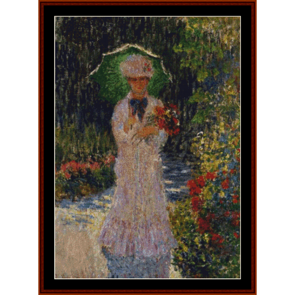 Counted Cross Stitch Pattern by Cross Stitch Collectibles of a woman holding flowers and an umbrella in a garden setting
