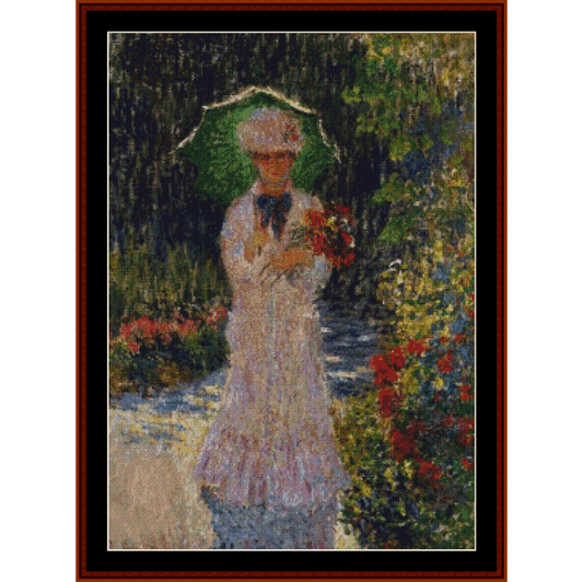 Counted Cross Stitch Pattern by Cross Stitch Collectibles of a woman holding flowers and an umbrella in a garden setting