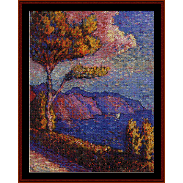 Counted Cross Stitch Pattern by Cross Stitch Collectibles of a landscape with trees and mountains in a stylized manner.