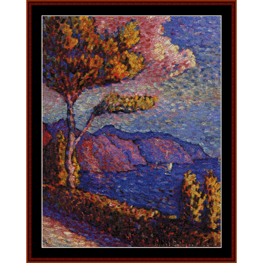 Counted Cross Stitch Pattern by Cross Stitch Collectibles of a landscape with trees and mountains in a stylized manner.